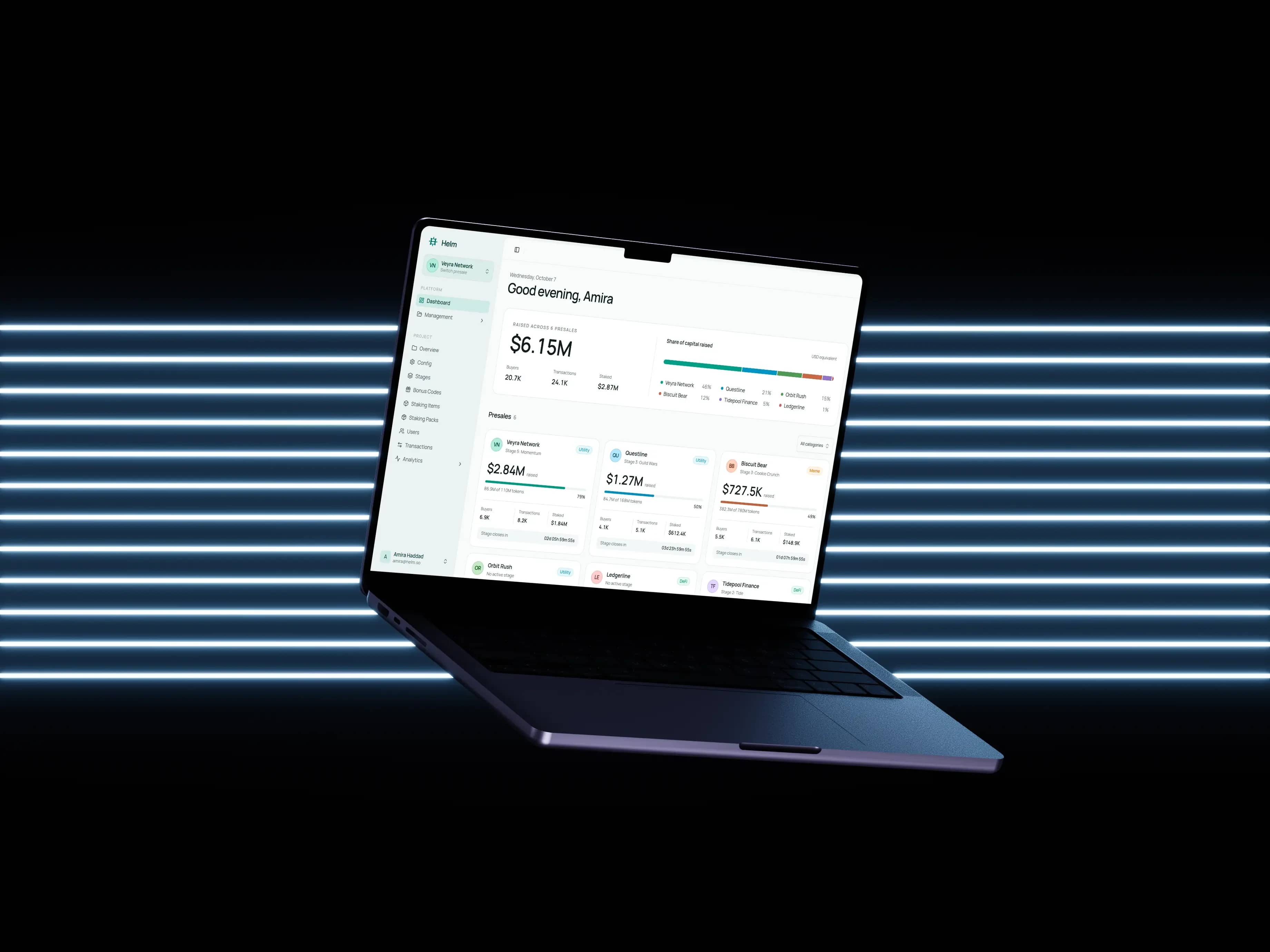 Global Presale Dashboard on a laptop, showing total funds raised across presales and a card for each presale